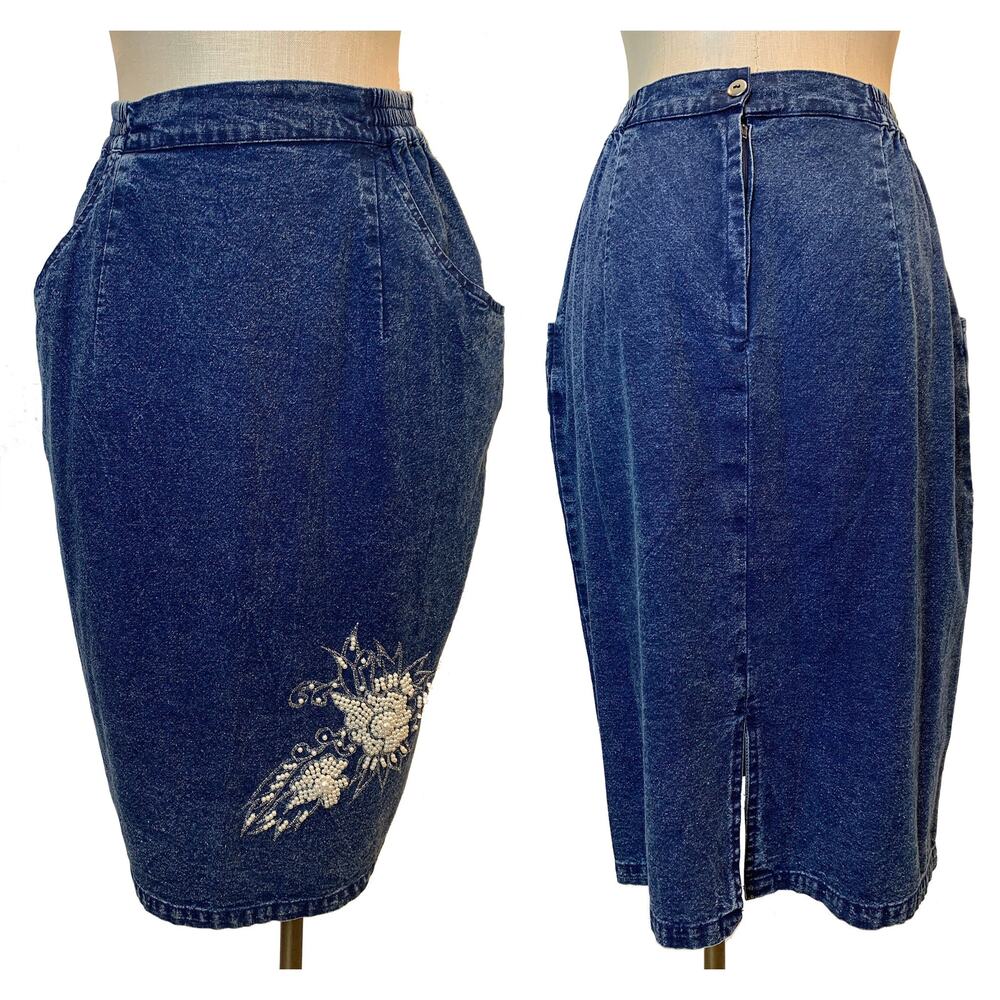80s High Waist Acid Wash Denim Skirt with Pearl Appliqué - Picture 5 of 9